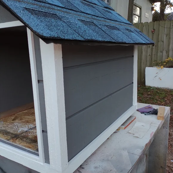 Custom dog house Gray color with white trim